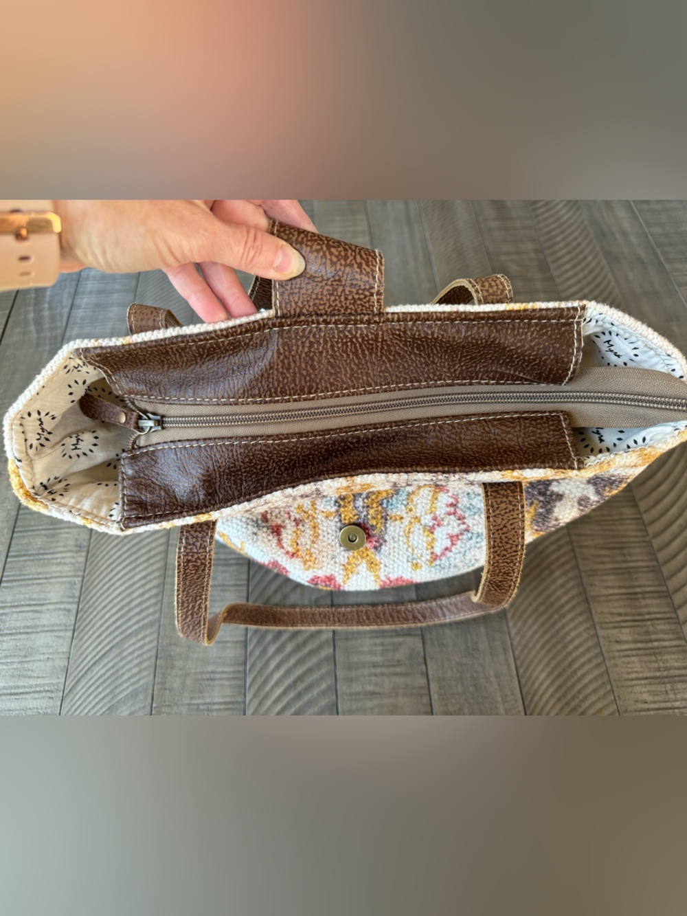 Myra Whimsical Boho Shoulder Bag Floral Tote Bag W/Leather Trim - Picture 11 of 16
